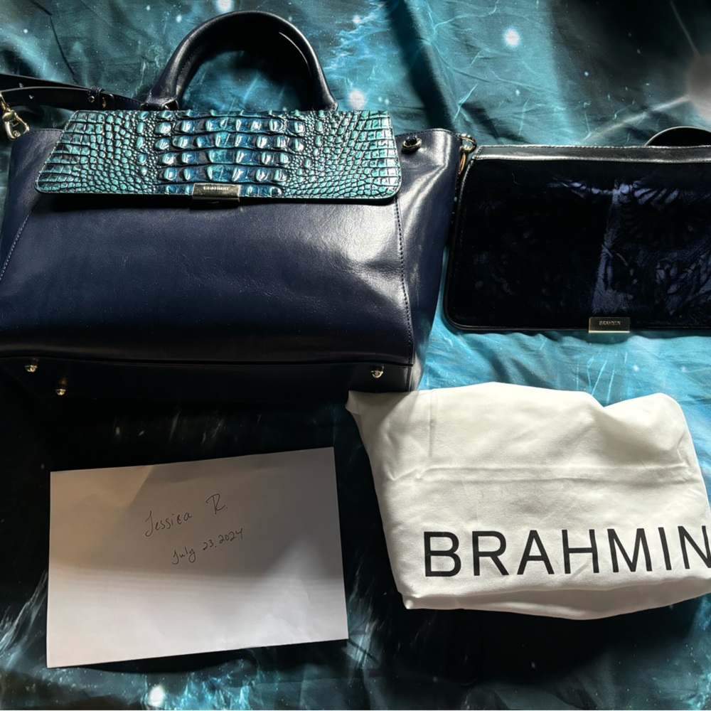 Brahmin Robin Satchel with Verdigris and Blue Flaps